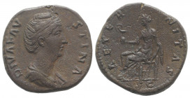 Diva Faustina Senior (died 140/1). Æ Sestertius (31mm, 27.74g, 11h). Rome, c. 146-161. Draped bust r. R/ Aeternitas seated l., holding sceptre and glo...