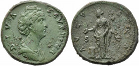 Diva Faustina Senior (died AD 140/1). Æ Sestertius (32mm, 28.41g). Rome, 141-6. Draped bust r. R/ Vesta standing l., holding palladium and sacrificing...