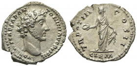 Marcus Aurelius (Caesar, 139-161). AR Denarius (18mm, 3.17g, 7h). Rome, 148-9. Bare head r. R/ Clementia standing facing, head l., holding patera. RIC...