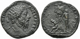 Marcus Aurelius (161-180). Æ Sestertius (30mm, 19.66g). Rome, 172-3. Laureate head r. R/ Trophy; to r., German captive standing r., hands bound behind...