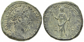 Marcus Aurelius (161-180). Æ Sestertius (31mm, 26.17g, 12h). Rome, AD 179. Laureate head r. R/ Felicitas standing l., holding caduceus and sceptre. RI...