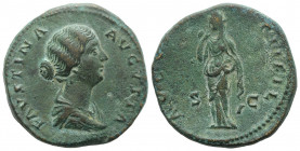 Faustina Junior (Augusta, 147-175/6). Æ Sestertius (31mm, 23.63g, 6h). Rome, 147-161. Draped bust r. R/ Pudicitia, veiled, standing l., raising r. han...