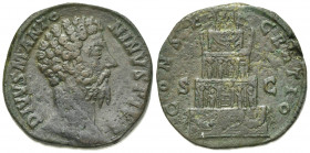 Divus Marcus Aurelius (died 180). Æ Sestertius (30mm, 24.01g, 12h). Rome, AD 180. Bare head r. R/ Funeral pyre surmounted by Marcus Aurelius in facing...