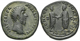Lucius Verus (161-169). Æ Sestertius (33mm, 23.50g, 12h). Rome, 161-2. Laureate head r. R/ Marcus Aurelius standing r., holding volumen and Lucius Ver...