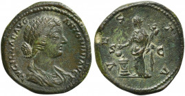Lucilla (Augusta, 164-182). Æ Sestertius (28mm, 16.32g, 6h). Rome, 161-2. Draped bust r., hair knotted behind. R/ Vesta standing l., sacrificing over ...