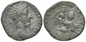 Commodus (177-192). Æ Sestertius (30mm, 26.37g, 5h). British Victory issue. Rome, AD 185. Laureate head r. R/ Victory seated r. on pile of arms, inscr...