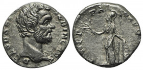 Clodius Albinus (Caesar, 193-195). AR Denarius (16mm, 3.28g, 6h). Rome, 194-5. Bare head r. R/ Minerva standing l., holding olive branch and shield se...