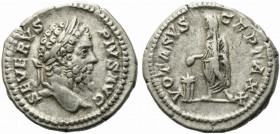 Septimius Severus (193-211). AR Denarius (20mm, 3.53g). Rome, 201-210. Laureate head r. R/ Septimius sacrificing l. over altar. RIC IV 308; RSC 791. V...