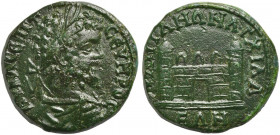 Septimius Severus (193-211). Thrace, Anchialus. Æ (25mm, 10.06g, 7h). Laureate, draped and cuirassed bust r. R/ City gate flanked by two towers. AMNG ...