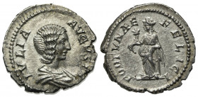 Julia Domna (Augusta, 193-217). AR Denarius (19mm, 3.01g, 12h). Rome, 207-211. Draped bust r. R/ Fortuna standing l., holding cornucopia and resting o...