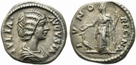 Julia Domna (Augusta, 193-217). AR Denarius (18mm, 3.45g). Rome, 200-7. Draped bust r. R/ Juno standing l., holding patera; peacock to l. RIC IV 560 (...