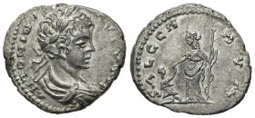 Caracalla (198-217). AR Denarius (18mm, 2.92g, 6h). Laodicea, 199-200. Laureate, draped and cuirassed bust r. R/ Salus standing l., holding serpent-en...