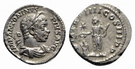 Elagabalus (218-222). AR Denarius (19mm, 3.78g, 12h). Rome, AD 221. Laureate and draped bust r., wearing “horn”. R/ Elagabalus standing l., holding cl...