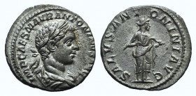Elagabalus (218-222). AR Denarius (18mm, 3.00g, 12h). Rome, AD 218. Laureate and draped bust r. R/ Salus standing r., feeding serpent held in arms. RI...