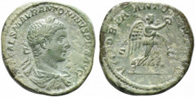 Elagabalus (218-222). Æ Sestertius (30mm, 25.15g, 12h). Laureate, draped and cuirassed bust r., seen from behind. R/ Victory walking r., holding wreat...