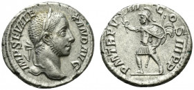 Severus Alexander (222-235). AR Denarius (19mm, 4.04g, 6h). Laureate head r. R/ Mars walking l., holding in r. hand olive-branch and in l. spear and s...