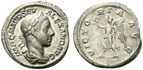 Severus Alexander (222-235). AR Denarius (19mm, 2.93g, 6h). Laureate and draped bust r. R/ Victory running l., holding wreath and palm. RIC IV 180. Go...