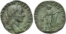 Severus Alexander (222-235). Æ Sestertius (28mm, 17.90g). Rome, AD 231. Laureate bust r., slight drapery. R/ Annona standing l., holding anchor and gr...