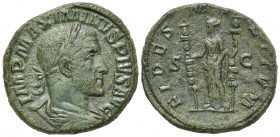 Maximinus I (235-238). Æ Sestertius (30mm, 23.96g, 12h). Rome, 236-7. Laureate, draped and cuirassed bust r. R/ Fides standing l., holding signum in e...