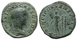 Maximus (Caesar, 235/6-238). Æ Sestertius (30mm, 21.03g, 12h). Rome, 236-7. Bareheaded and draped bust r. R/ Maximus as Princeps Iuventutis standing l...