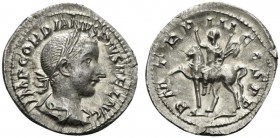 Gordian III (238-244). AR Denarius (20.5mm, 2.56g, 7h). Rome, AD 240. Laureate, draped and cuirassed bust r. R/ Gordian on horseback prancing l., hold...