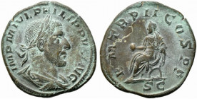 Philip I (244-249). Æ Sestertius (30mm, 22.96g). Rome, AD 245. Laureate, draped and cuirassed bust r. R/ Philip seated l. on curule chair, holding glo...