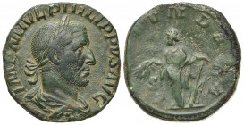 Philip I (244-249). Æ Sestertius (27mm, 18.46g, 12h). Rome, AD 244. Laureate, draped and cuirassed bust r. R/ Laetitia standing l., holding wreath and...