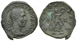 Philip I (244-249). Æ Sestertius (32mm, 20.00g, 12h). Rome, AD 244. Laureate, draped and cuirassed bust r. R/ Victory advancing r., holding wreath and...