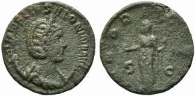 Salonina (Augusta, 254-268). Æ Dupondius (23mm, 6.85g). Rome, 253-260. Diademed and draped bust r., set on crescent. R/ Juno standing l., holding pate...