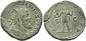 Postumus (260-269). Æ Sestertius (30mm, 17.71g). Treveri. Laureate, draped and cuirassed bust r. R/ Postumus standing l., holding globe and spear. RIC...