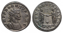 Probus (276-282). Radiate (22mm, 4.29g, 12h). Siscia, AD 278. Radiate and cuirassed bust r. R/ Emperor standing r., clasping hands with Concordia stan...