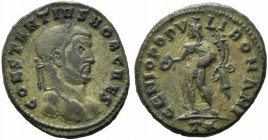 Constantius I (Caesar, 293-305). Æ Follis (28mm, 10.61). Rome, AD 299. Heroic bust laureate r.  R/ Genius standing l., holding patera and cornucopia; ...