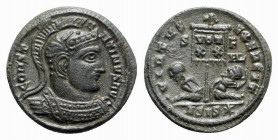 Constantine I (307/310-337). Æ Follis (19mm, 3.58g, 6h). Siscia, AD 320. Helmeted and cuirassed bust r. R/ Labarum inscribed VOT/XX in two lines; two ...