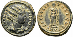 Fausta (Augusta, 324-326). Æ Follis (19.5mm, 3.94g). Cyzicus, 325-6. Draped bust r. R/ Salus standing facing, head l., holding two children; SMKA•. RI...
