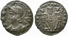 Commemorative Series, 330-354. Æ Follis (16mm, 1.61g). Constantinople, AD 330. Helmeted and draped bust of Roma l. R/ Signa between two soldiers, each...
