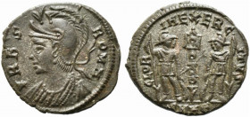 Commemorative Series, 330-354. Æ Follis (17mm, 1.80g). Heraclea, 336-7. Helmeted and draped bust of Roma l. R/ Signa between two soldiers, each holdin...