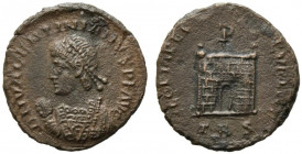 Valentinian II (375-392). Æ (18mm, 2.55g). Diademed and mantled bust l., holding mappa and sceptre. R/ Camp gate, with open door; staurogram above; TE...