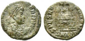 Flavius Victor (387-388). Æ (13mm, 1.58g). Aquileia. Pearl-diademed, draped and cuirassed bust r. R/ Camp gate with two turrets; star above; SMAQP. RI...
