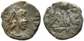 Eugenius? (392-394). Æ (11mm, 1.14g). Rome. Pearl-diademed, draped and cuirassed bust r. R/ Victory advancing l., holding wreath and palm. Cf. RIC IX ...