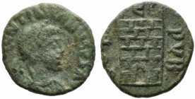 Valentinian III (425-455). Æ Nummus (12mm, 1.34g). Rome, c. 425-435. Diademed, draped and cuirassed bust r. R/ Camp-gate with two turrets; Є above. RI...