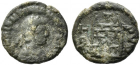 Valentinian III (425-455). Æ Nummus (14mm, 1.72g). Rome, c. 425-435. Diademed, draped and cuirassed bust r. R/ Camp-gate with two turrets; T above; [R...