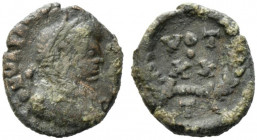 Valentinian III (425-455). Æ (12.5mm, 1.55g). Rome, 425-35. Pearl-diademed, draped and cuirassed bust r. R/ VOT/XX in two lines within wreath; T. RIC ...