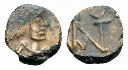 Anastasius I (491-518). Æ Nummus (8mm, 0.60g, 11h). Constantinople, 491-498. Diademed, draped and cuirassed bust r. R/ Monogram of Anastasius. MIBE 40...