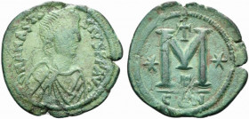 Anastasius I (491-518). Æ 40 Nummi (37mm, 17.69g, 6h). Constantinople, 498-518. Diademed, draped and cuirassed bust r. R/ Large M; cross above, stars ...