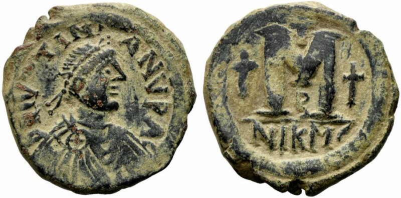 Justin I and Justinian I (AD 527). Æ 40 Nummi (30mm, 16.99g). Nicomedia. Diademe...