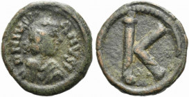 Justinian I (527-565). Æ 20 Nummi (19mm, 3.49g). Salona(?), 552/3. Diademed, draped and cuirassed bust r. R/ Large K. MIBE 250; DOC 360; Sear 331. VF
