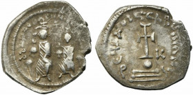 Heraclius with Heraclius Constantine (610-641). AR Hexagram (22mm, 5.05g). Constantinople, 615-638. Heraclius and Heraclius Constantine seated facing ...
