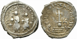 Heraclius with Heraclius Constantine (610-641). AR Hexagram (22.5mm, 6.01g). Constantinople, 615-638. Heraclius and Heraclius Constantine seated facin...