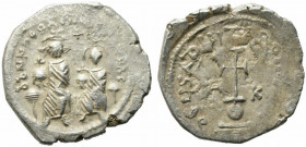 Heraclius with Heraclius Constantine (610-641). AR Hexagram (22.5mm, 5.42g). Constantinople, 615-638. Heraclius and Heraclius Constantine seated facin...