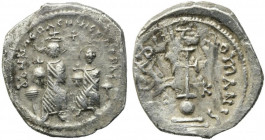 Heraclius with Heraclius Constantine (610-641). AR Hexagram (20mm, 5.57g). Constantinople, 615-638. Heraclius and Heraclius Constantine seated facing ...